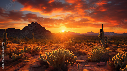 The sun rises over the desert, casting its golden light on the cactus spines. The cacti stand tall and proud, like sentinels guarding the land. ai generated.