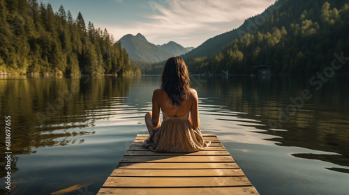 A woman sits on a wooden jetty, her feet in the water. She looks out over the lake, her face serene. The scene is a picture of peace and tranquility. ai generated.
