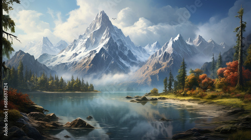 A lake nestled in the mountains is a sight to behold, its still waters reflecting the towering peaks above. ai generated.