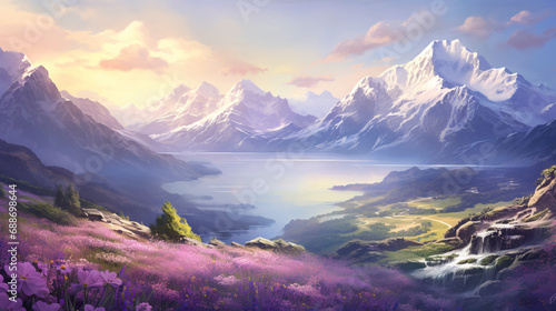 A valley covered with lavender and flowers is surrounded by snow-capped mountains