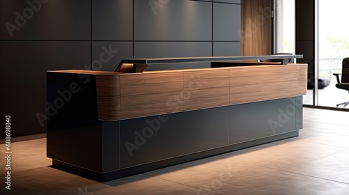 simple linear company/hotel reception counter or frontdesk made out of wood and dark metal