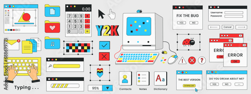 Retro Y2K elements for design . Old computer aestethic elements. Nostalgia for 1990s -2000s. Vector illustration. Isolated background. Typing hands and a cute ladybug