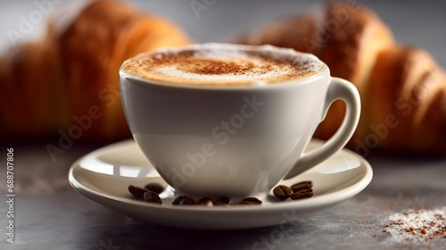 tasa de cafe capuchino en taza blanca con espuma y canela