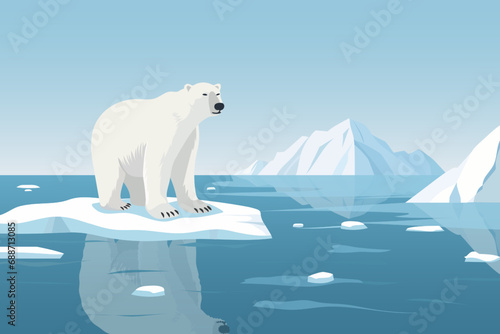 Polar bear on an ice floe. A beautiful polar bear floats on an ice floe against the backdrop of a landscape of large glaciers and icebergs. Vector illustration for postcard, poster, cover or design.