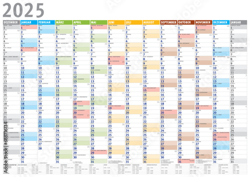 Kalender 2025 (Dezember 2024 bis Januar 2026) mit Ferien 4C