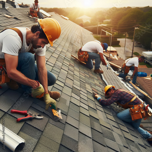 A group of construction workers installing shingles on a roof at sunset. High-altitude work.