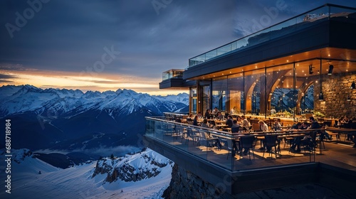 restaurant panoramique d'altitude en position dominante au sommet des montagnes enneigées