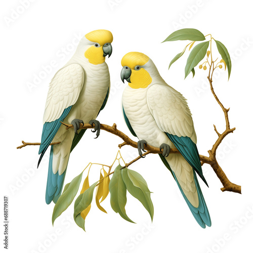 Cockatoo Parakeet transparent png, yellow parrot with green leaves, is sitting on a large branch, in the style of golden age illustrations, light beige and whites. Australian Parrots.