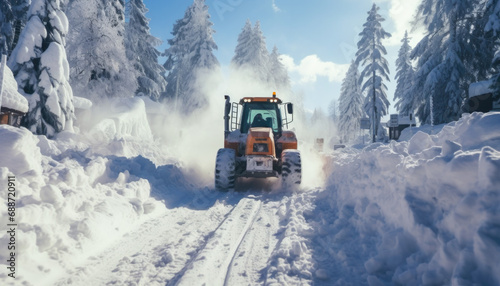 Snow Removal Operations after Heavy Snowfall.Winter Tractor Clearing Snowy Road