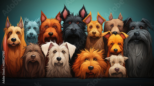 Many colorful dogs on a blue background, different breeds and colors, sign or poster for stores