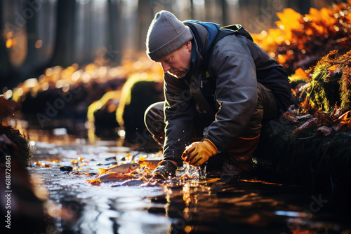 Man catches a brook trout during a cold morning in the river. Generative AI