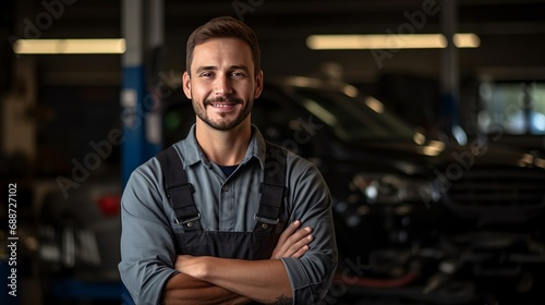 A picture of a young mechanic holding a wrench and smiling while ready to fix cars.