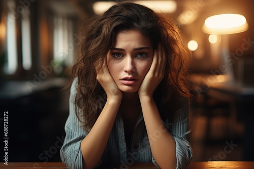 Jeune en pleine dépression chez elle sur son bureau