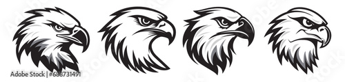 Set of eagle heads, black and white vector graphics, pattern illustration outline silhouette