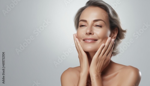 Happy middle-aged woman posing on white background, touching face, Portrait of sophisticated senior woman advertising beauty products and services