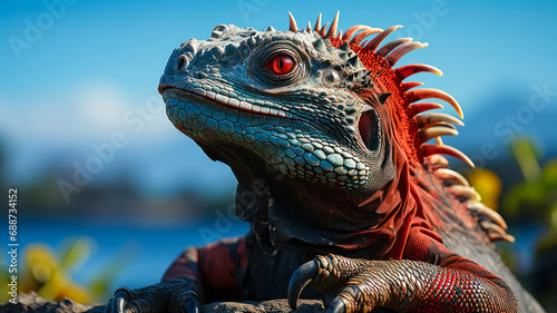 Galapagos marine iguana basking in the sun, observing fauna in its natural environment, background for travel advertising