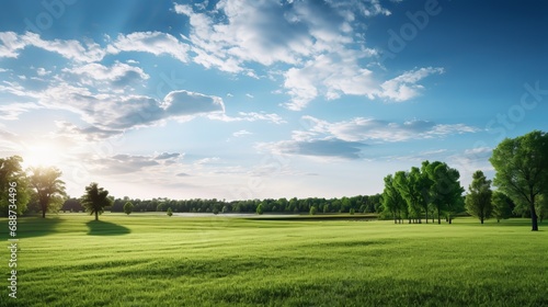A panoramic view of a field with grass and trees under a bright sun and a misty sky.