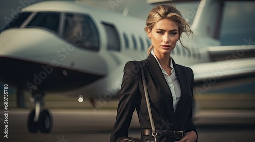 Elegant lady in the background of a private jet. Businesswoman or rich woman after a flight. Illustration for banner, poster, cover, brochure or presentation.