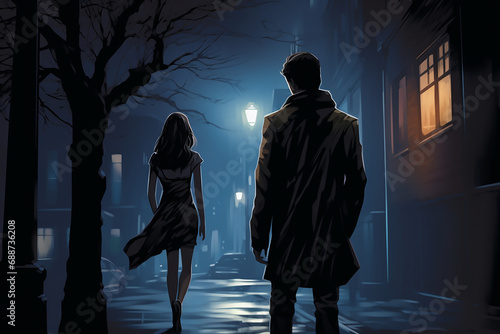 illustration of a stalker following a woman 