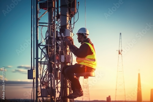 Technician installing new antennas for fast internet on a 5g telecommunications tower checks connections