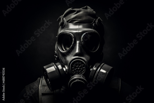 a gas mask in a black background
