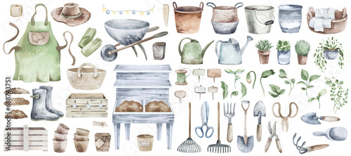 Garden tools, agricultural implement. Set of watercolor equipment icons on isolated background. A shovel and a rake with a watering can and a wheelbarrow, an apron with pruning shears are hand drawn.