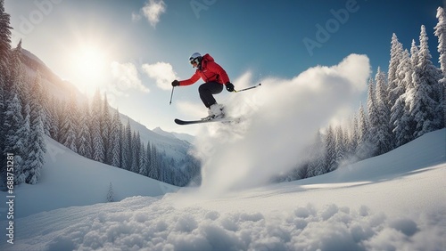 skier jumping in the snow mountains sunny day, behind it there are snow dust and clouds