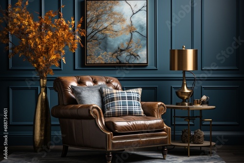 The interior of a modern living room features an accent coffee table, a classical patterned armchair with a fur plaid, all set against a blue paneled wall, creating a home design