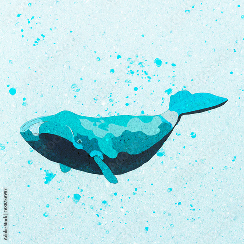 Ilustracja grafika niebieski wieloryb pod wodą.