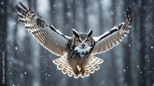 owl flying towards the camera in snowfall