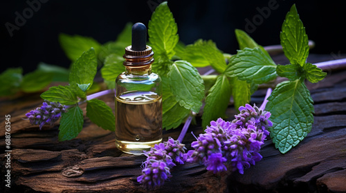 bottle, jar of patchouli essential oil extract