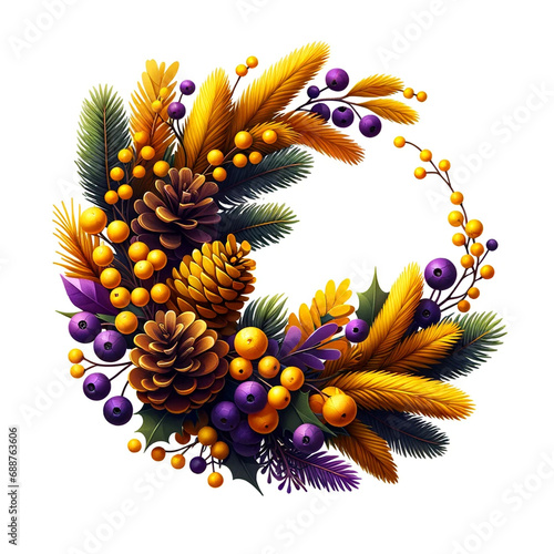 Christmas corner decoration featuring a mix of mustard yellow pine branches, deep purple pine cones, and bright yellow berries