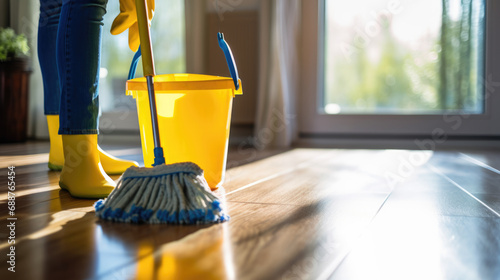 Low section of a person cleaning floor with wet mop at home.
