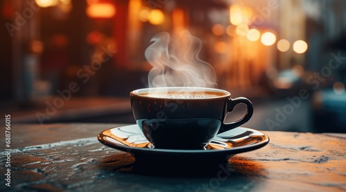 a black coffee cup in front of a plate with steam rising,