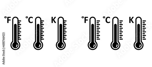 Fahrenheit, kelvin or Celsius meteorology thermometers set. Thermometer or temperature indicate. Hot or cold sign. Weather, season scale. Absolute zero, water freezes and water boils.