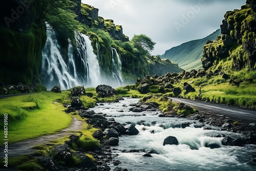 Landscape formed by very high waterfalls and green vegetation. Romantic landscape. AI generated