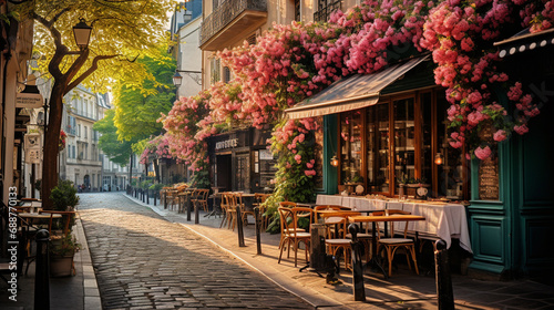 street in Paris, with quaint cafes and flowering balconies. ai generated.