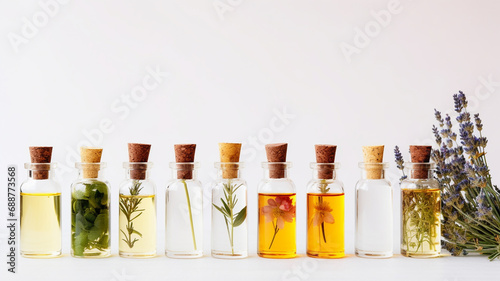 set of essential oil bottles with flowers and herbs, on white background