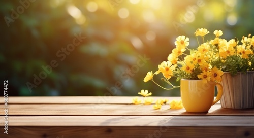 a yellow cup with flowers sitting on top of wooden table,