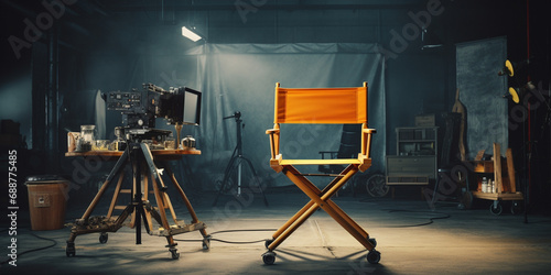 movie studio with a tripod and a chair on a dark background.