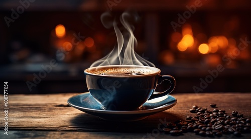 coffee cup on a wooden table on a table with steam billowing up,