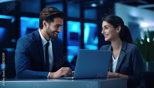 A young man and a woman in business suits are looking at a laptop. 