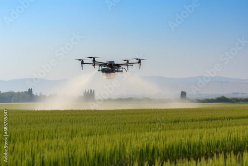 Drone sprayer flies over the agricultural field. Smart farming and precision agriculture 