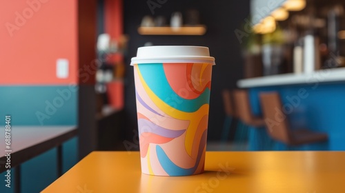 paper coffee cup with blank front, realistic on a mockup template in a colorful abstract