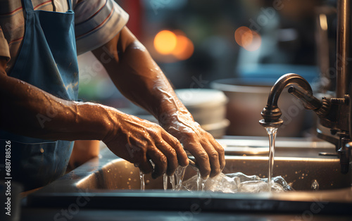 Trabajador latino lavando platos en una cocina de restaurante