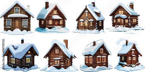 Conjunto de cabañas de madera nevadas para navidad o paisajes nórdicos 01
