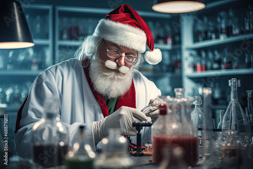Scientist Santa Claus, Father Christmas, Saint Nicholas, Saint Nick, Kris Kringle, chemistry lab, experiements in a lab coat, red suit and hat