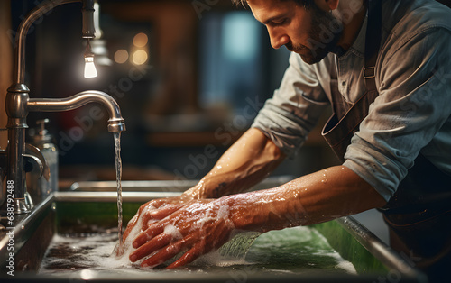 zoom de manos de un migrante latino lavando platos en una cocina de restaurante