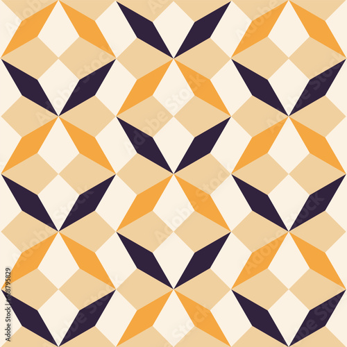 Geometric retro pattern in yellow mustard and blue with checkered background. Vector seamless pattern design for textile, fashion, paper, packaging, wrapping and branding