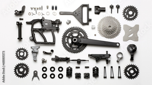 Assorted bicycle parts neatly organized on a white background for maintenance